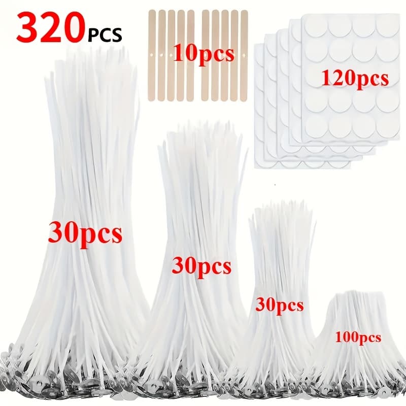 TEMU 320pcs Candle Wicks Set | 1"/3.5"/5.9"/7.87" (2.6cm/9cm/15cm/20cm) Sizes, Includes 10 Holders And 120 Label Stickers For Pillar Candles And Candle Holders