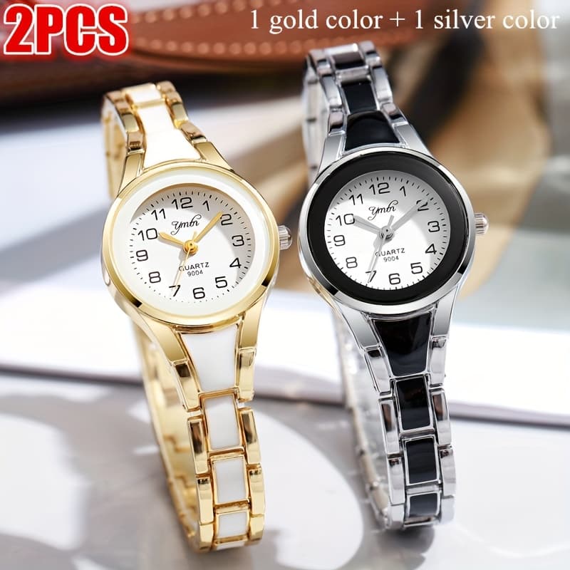 TEMU 2pcs/set Elegant Women's Bracelet Watches, Perfect Clock For Wrist Wear With Golden And Silvery Watches