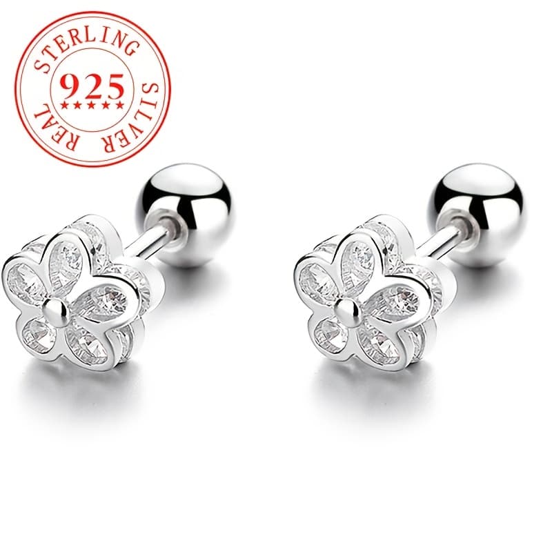 TEMU 925 Sterling Silvery Small Flower Studs With Threaded Twist Back Closure - Hypoallergenic, Dainty For Cartilage & Lobe Piercings