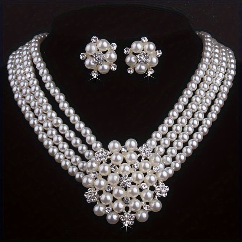 TEMU High End And Flower Necklace With A Pair Of Earrings Set In Milky White, 4-row Bead Necklace, Wedding Banquet, Evening Party, Engagement Set Chain