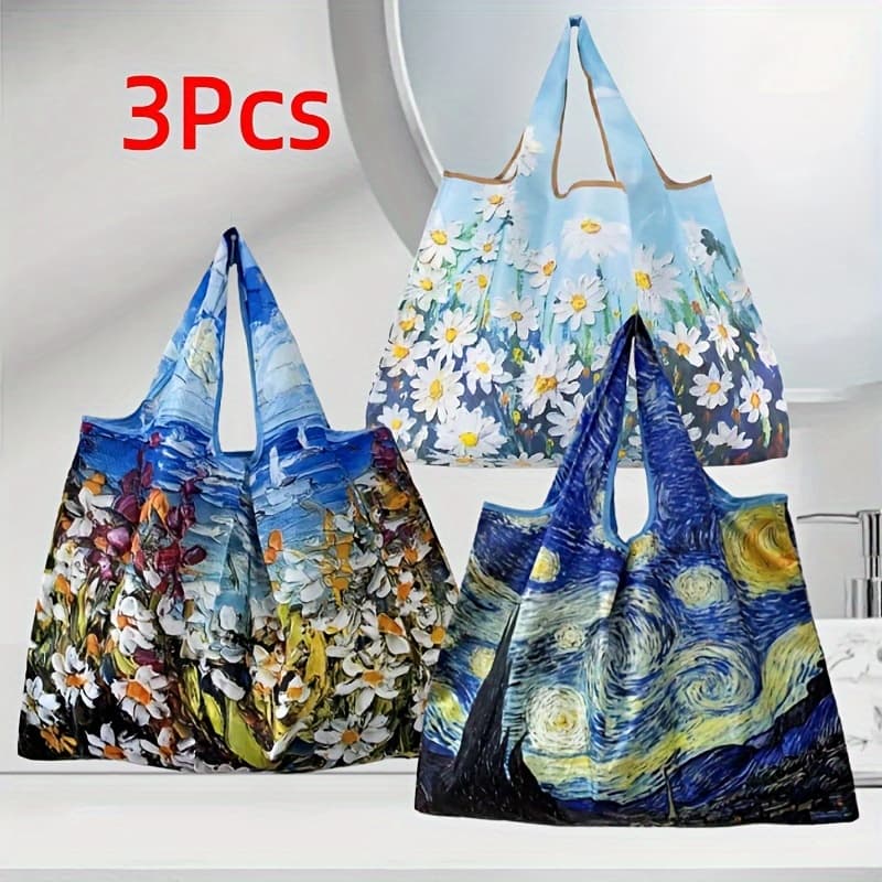 TEMU 3pcs Vintage Oil Painting Print Tote Bags - Large Portable Foldable Shopping Bag Outdoor Travel Storage Bag