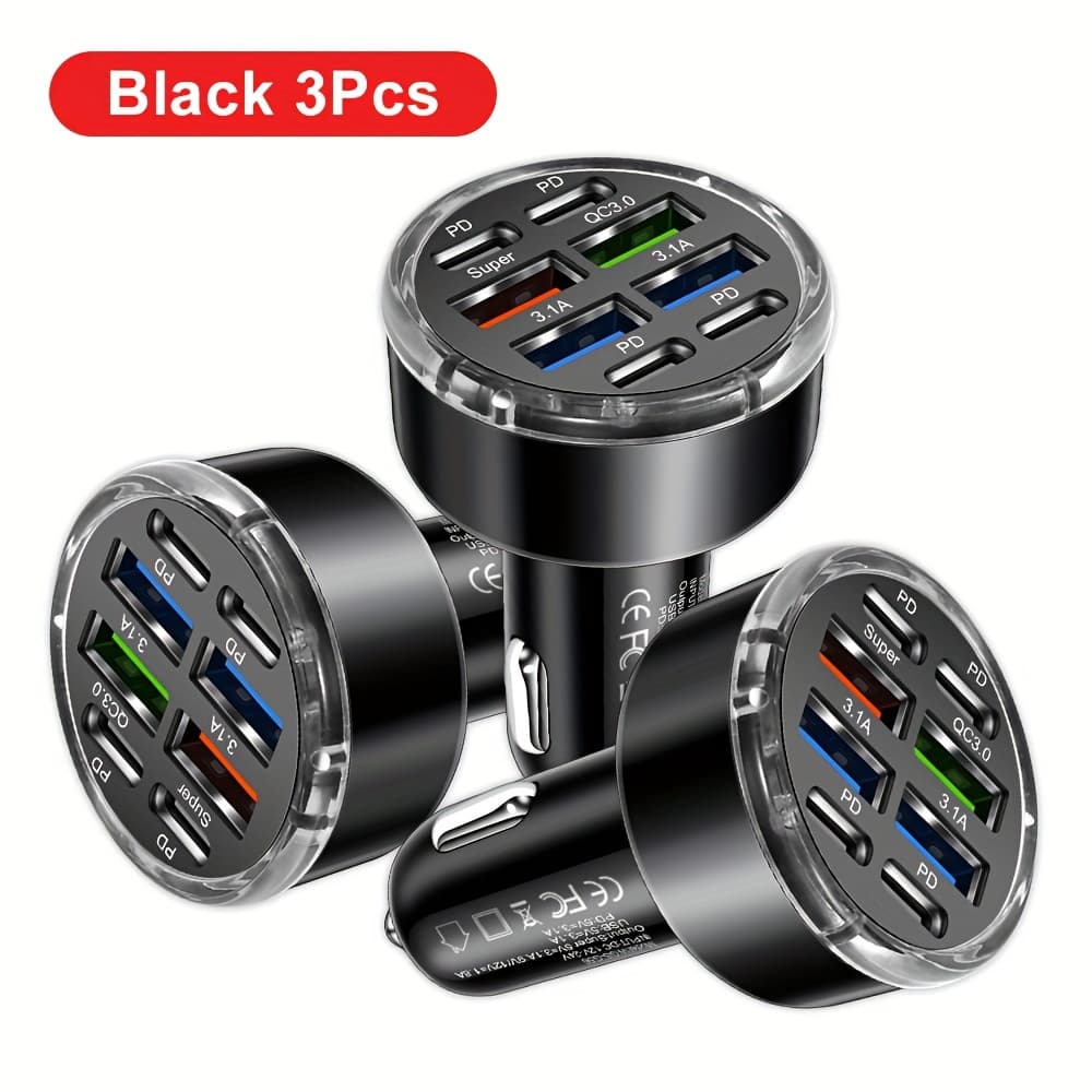 TEMU 3pcs 8 Ports 4pd + 4usb 40w Fast Charging Car Phone Charger Adapter, Qc3.0 Usb Typec Car Charger, Fast Charging Car Phone Charging Adapter