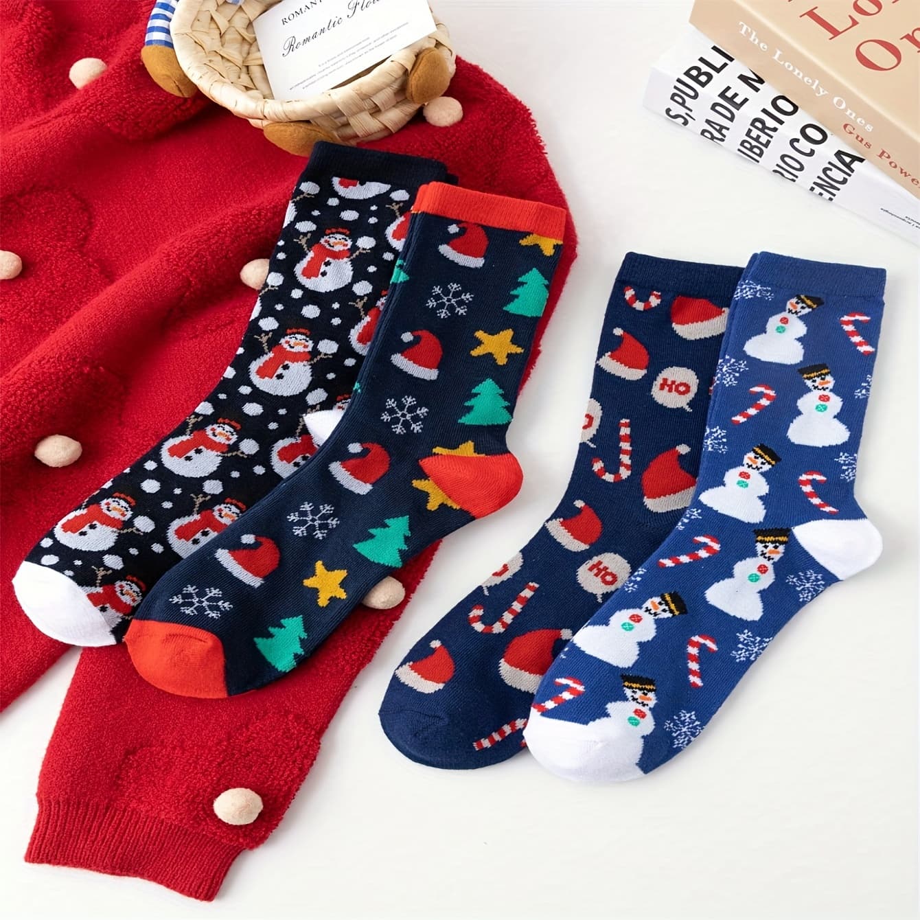 TEMU 4-pair Men's Christmas Tree & Santa Claus Socks - Mid-calf Holiday , Casual Winter Wear - Hand Wash Only (4 Sets) - Funny Gift For Men Suitable For Christmas Parties & Casual Attire