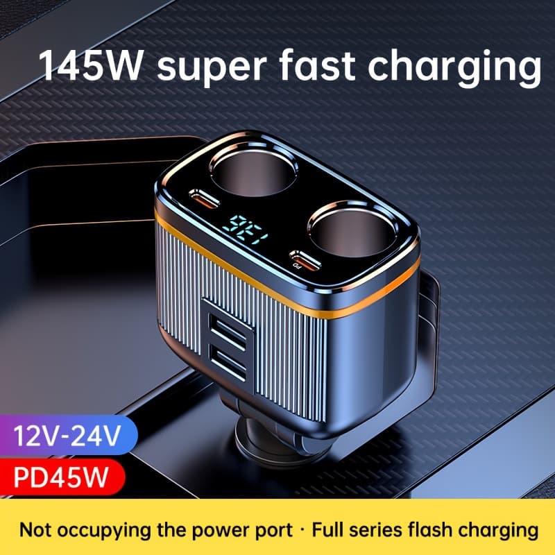 TEMU Usb C Car Charger, 2-socket 6in 1 Car Lighter Splitter With Voltage Detection, 145w Car Charger Adapter 12/24v, Dual Usb Qc3.0 &type-c Pd45w Fast Charging.