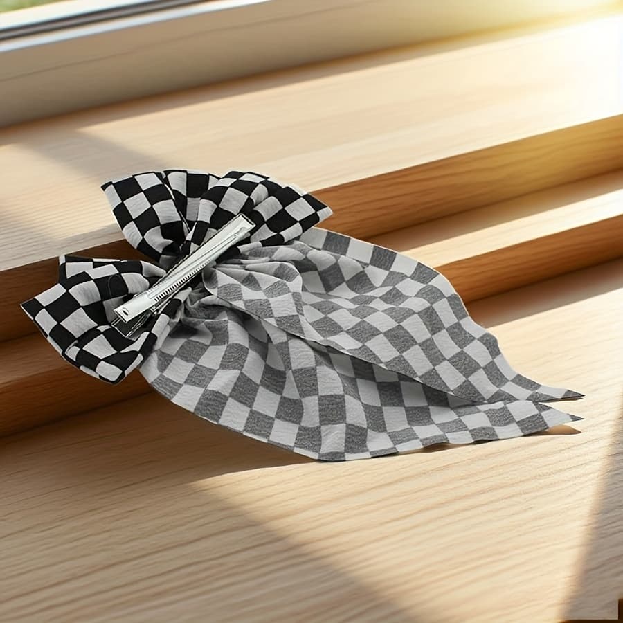 TEMU Black And White Checkered Bow With Large Ribbon Spring Clip - Elegant And , Perfect For A Lady-like Look