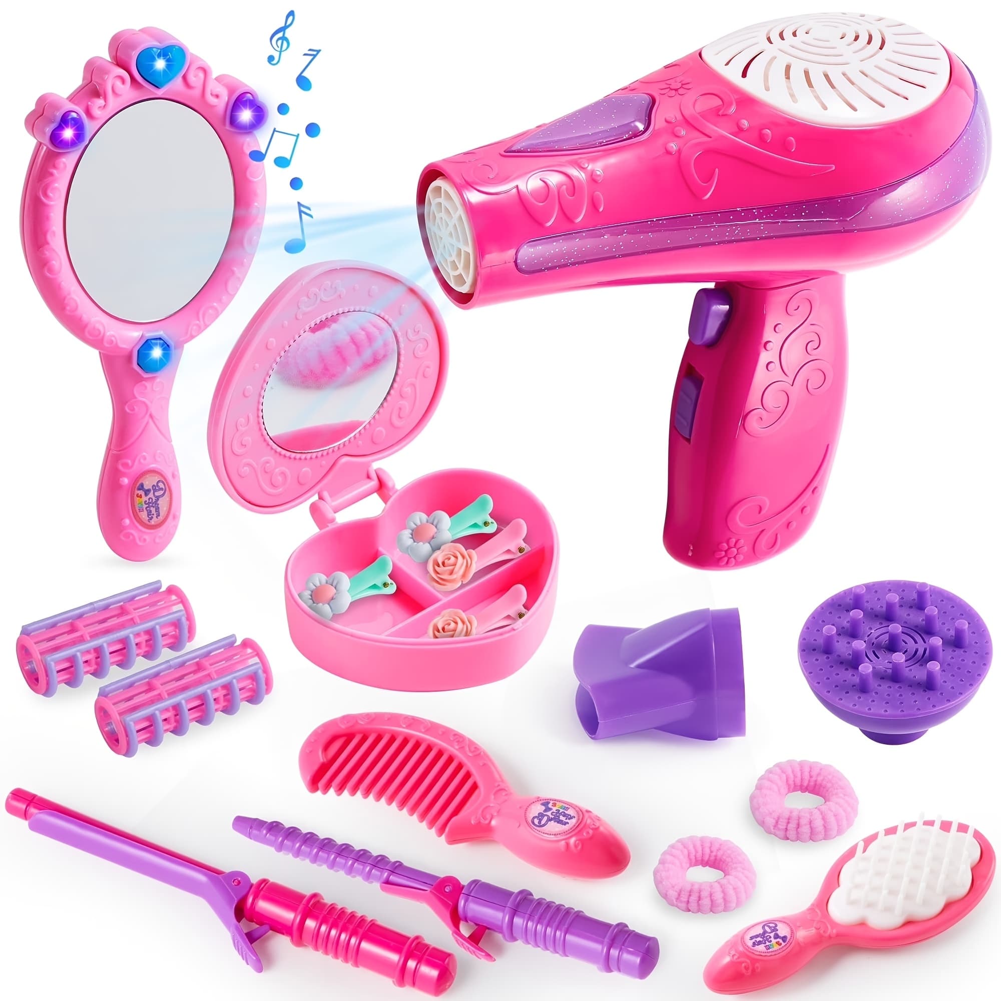 TEMU 17pcs Girls Beauty , Pretend Play Doll Hair Stylist Toy Kit With Hairdryer, Mirror, Curling Iron And Other Accessories For Kids Fashion Cutting Makeup Party Favor, Perfect Christmas Gifts