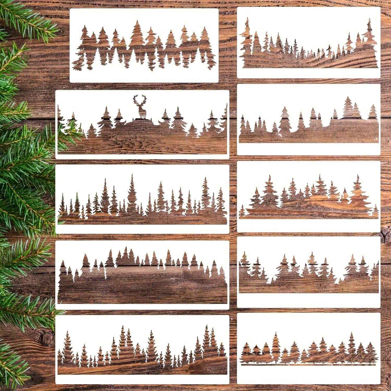 TEMU 10pcs Pine Tree Stencils Tree Stencil Forest Stencil Wood Burning Stencils Patterns Reusable Drawing Templates For Painting On Wood Wall Fabric Furniture