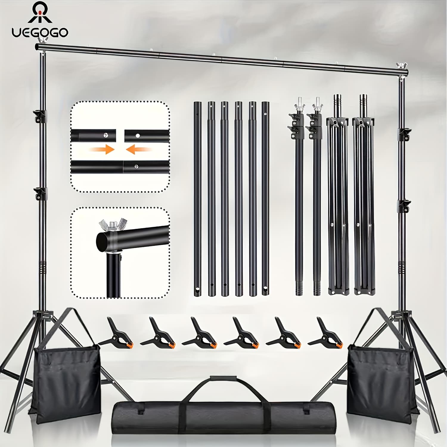 TEMU Uegogo Photography Backdrop Stand - 10x6.5ft Adjustable Backdrop Stand Kit, Background Support System With 2 Stands, 4 Crossbars, Clamps & Carry Bag For Photography, Video & Parties