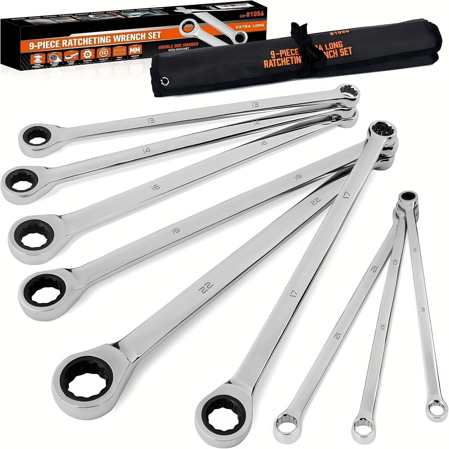 TEMU 10pcs Extra Long End Ratcheting Wrench Set (9 Wrenches And Storage Bag), Metric 8-22mm, Cr-