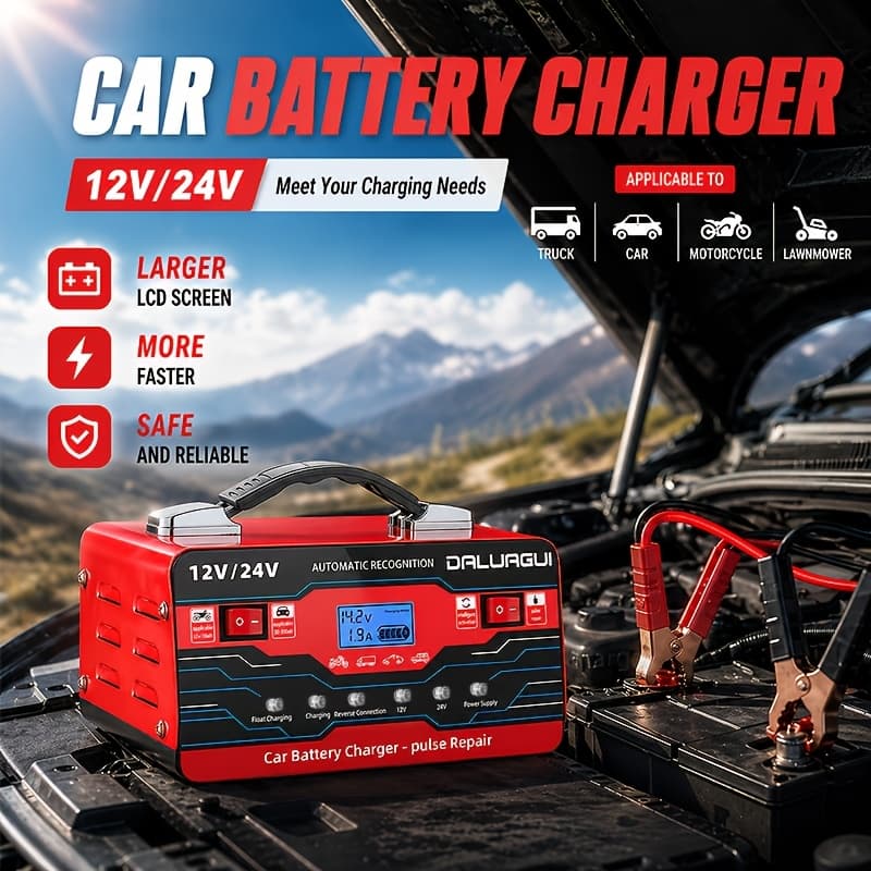TEMU Automatic 12v/24v Lead-acid Battery Maintainer, Car Battery Trickle Charger Featuring Repair Function And Winter Mode, For Agm Gel Standard Deep Cycle Batteries