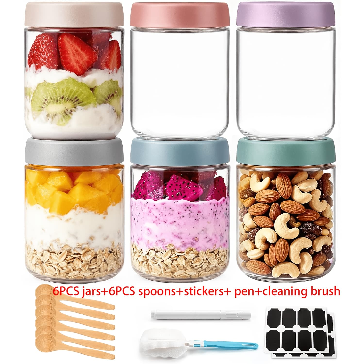 TEMU 6 Pack 16 Oz Overnight Oats Containers With Lids And Spoons Glass Jars With Airtight Lids: Wide Mouth Mason Salad Jars, Leakproof And Reusable Glass Food Storage Container For Yogurt Snacks Spice