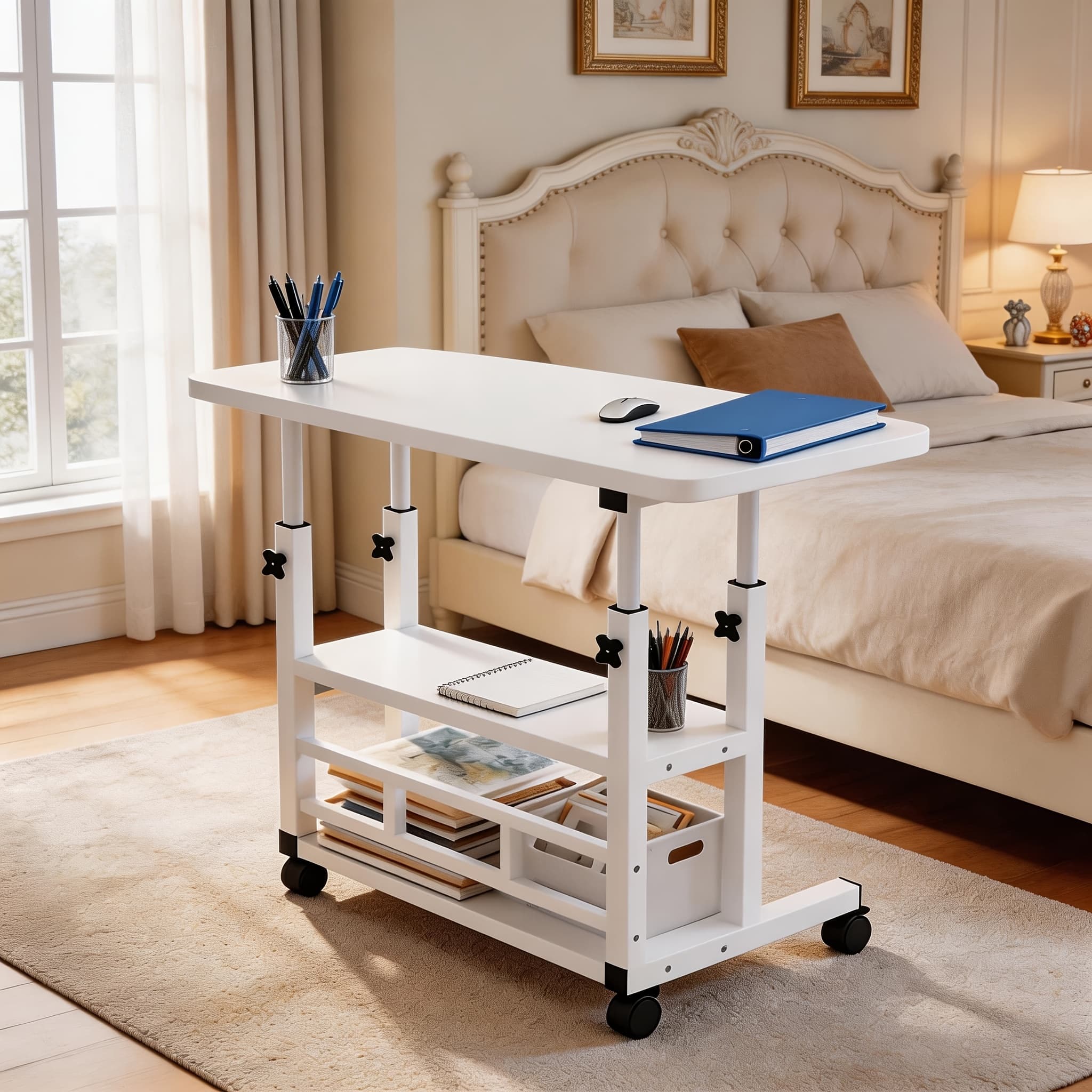 TEMU Mobile Compact Computer Desk Cart, Small Space Workstation, Writing Desk With Wheels, Portable Study Desk, Multi-functional Home Office Desk, Folding Table With Storage Shelf, Sewing Table