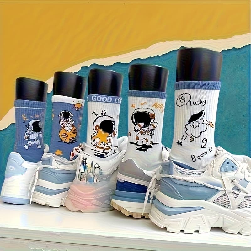 TEMU 5 Pairs Of Spring And Summer Stylish And Fun Women's Mid-calf Socks With Astronaut , Lightweight, Soft, Comfortable, Breathable, Cute And Pretty, Suitable For Casual Attire