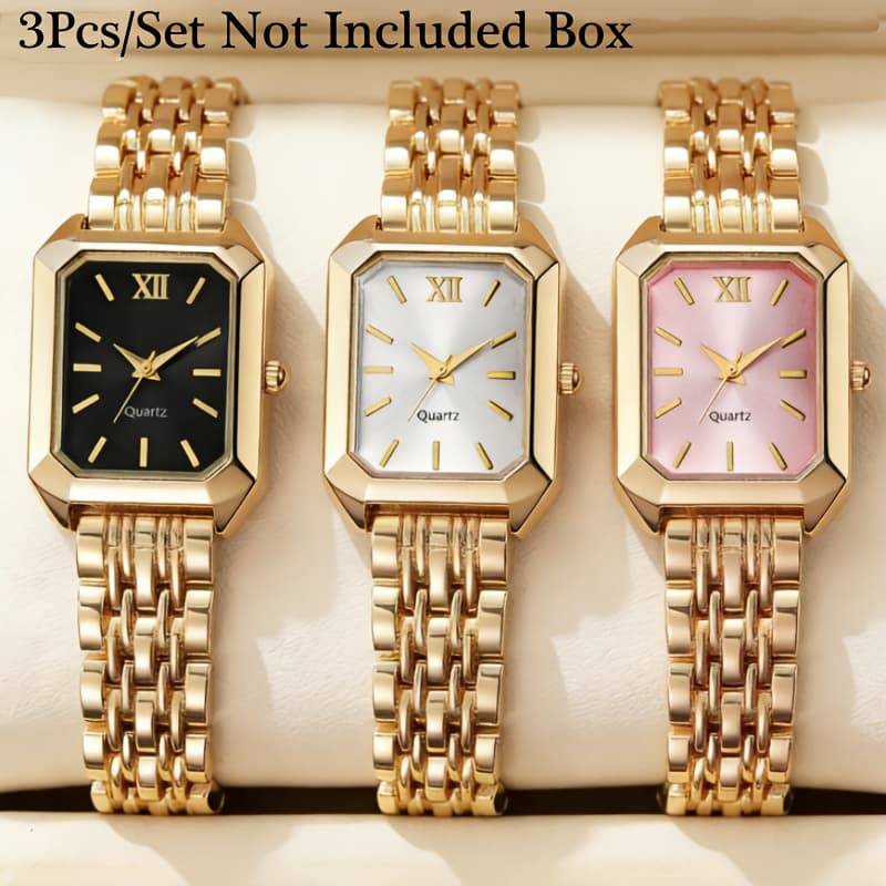 TEMU 3pcs/set Elegant Rectangular Women's Quartz Watch, Luxury Wristwatches, Fashion Clock Gift Reloj Mujer (without Box)