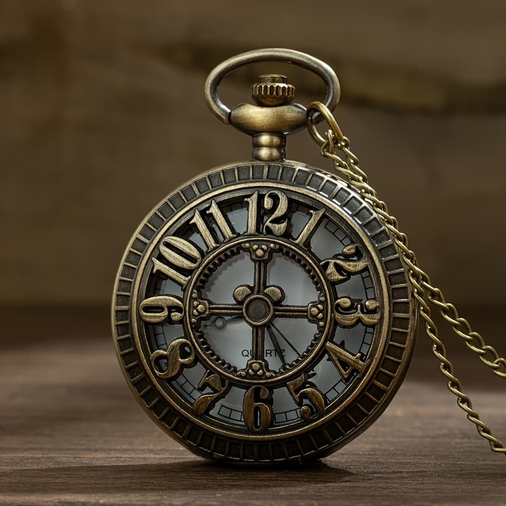 TEMU Vintage Hollow Steampunk Bronze Arabic Numeral Dial Quartz Movement Pocket Watch For Men And Women
