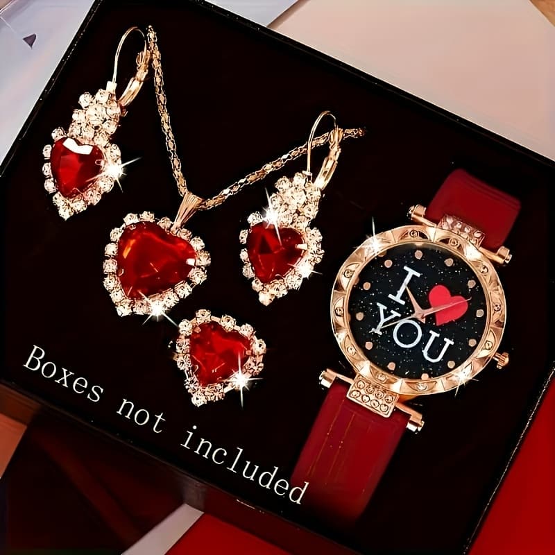 TEMU 5pcs Elegant Women's Watch & Jewelry Set, Red Pu Leather Strap Quartz Watch With Red Heart Rhiestone Necklace, Earrings & Ring - Elegant Gift For Birthdays,, Valentine's Day (boxes Not Included)