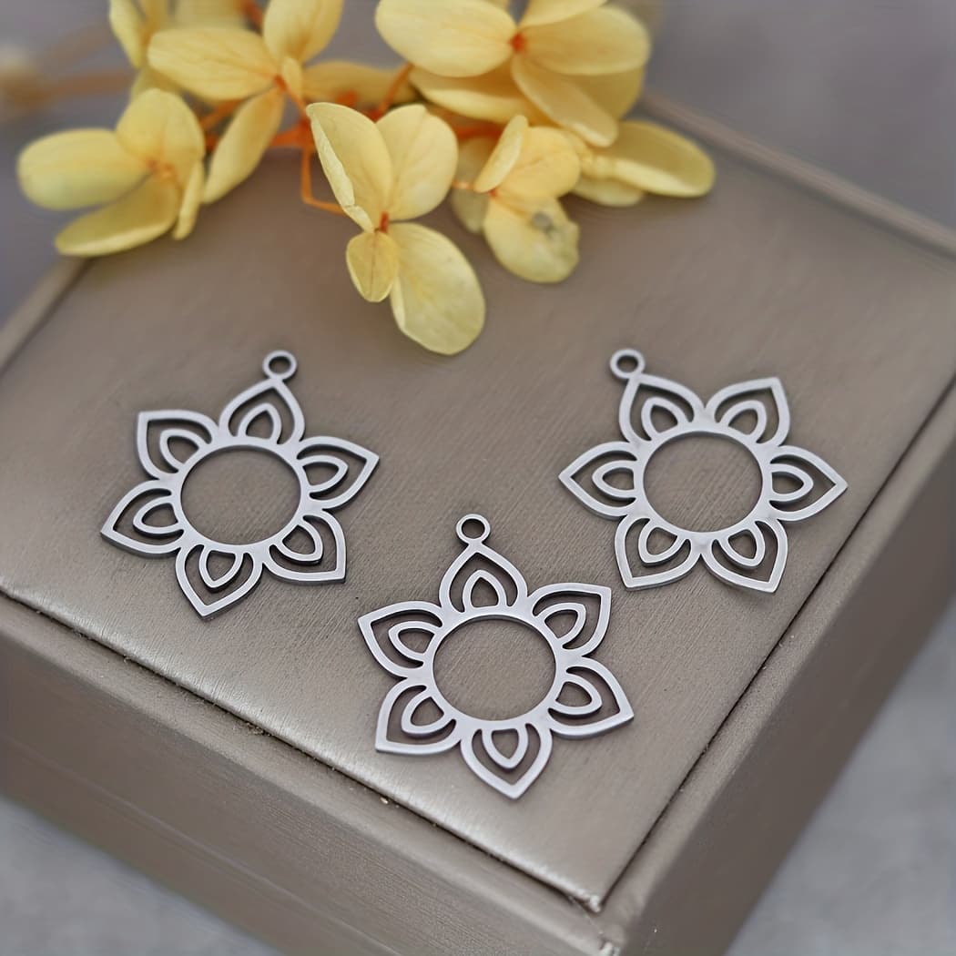 TEMU 3pcs Hexagon Petal Lotus Seat Stainless Steel Pendant Charms For Jewelry Making Craft Earrings Necklace Talisman Additions