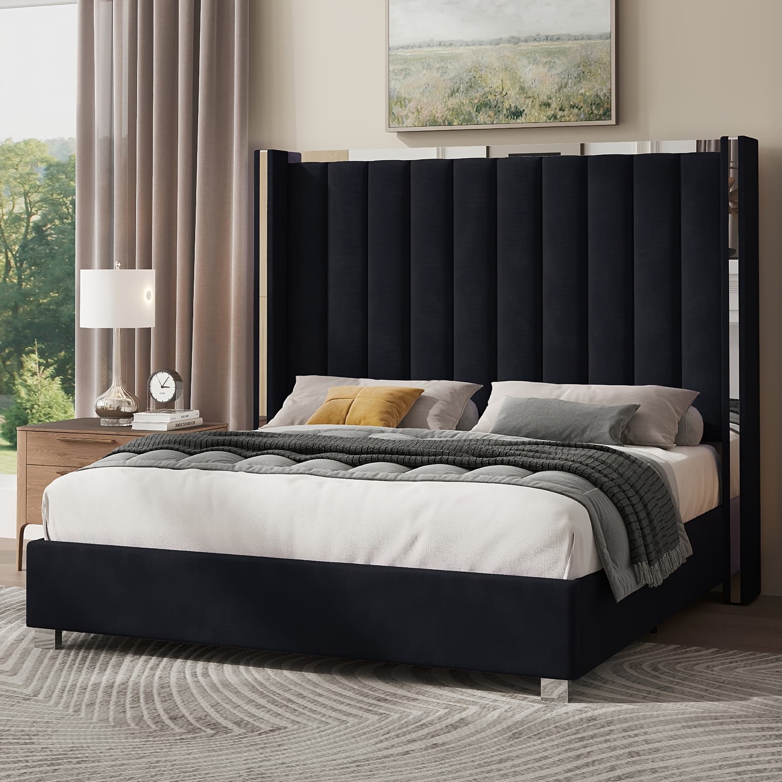 TEMU Luxoak Velvet Upholstered Platform Bed With 58" Tall Channel Tufted Wingback Headboard, Plating Trim & Spring Needed