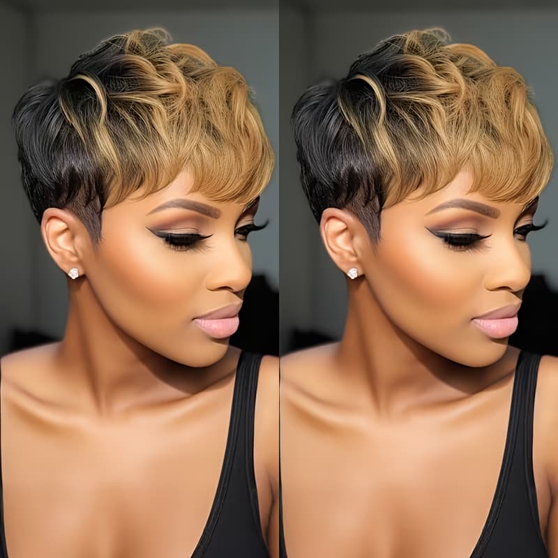 TEMU Layered Short Straight Cut Hair Wig For Women With Bangs | 1b/30# Blonde Peruvian Hair, , Machine-made Full Wig, 150% Density, Straight Hair, Suitable For Holiday/party Wear & Everyday Use