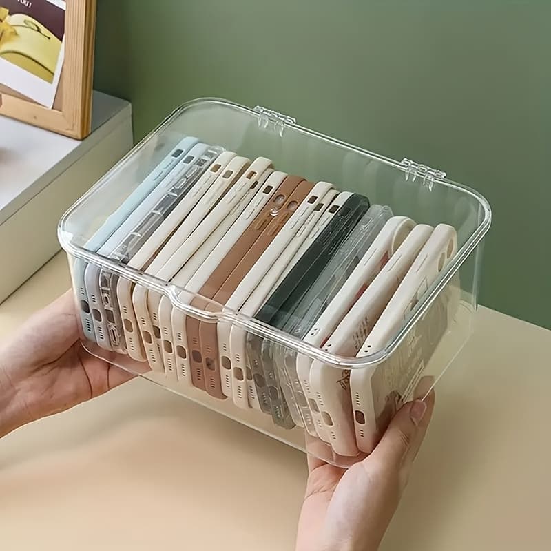 TEMU Clear Acrylic Phone Case Organizer With Lid - Versatile Desktop Storage Basket For Home And