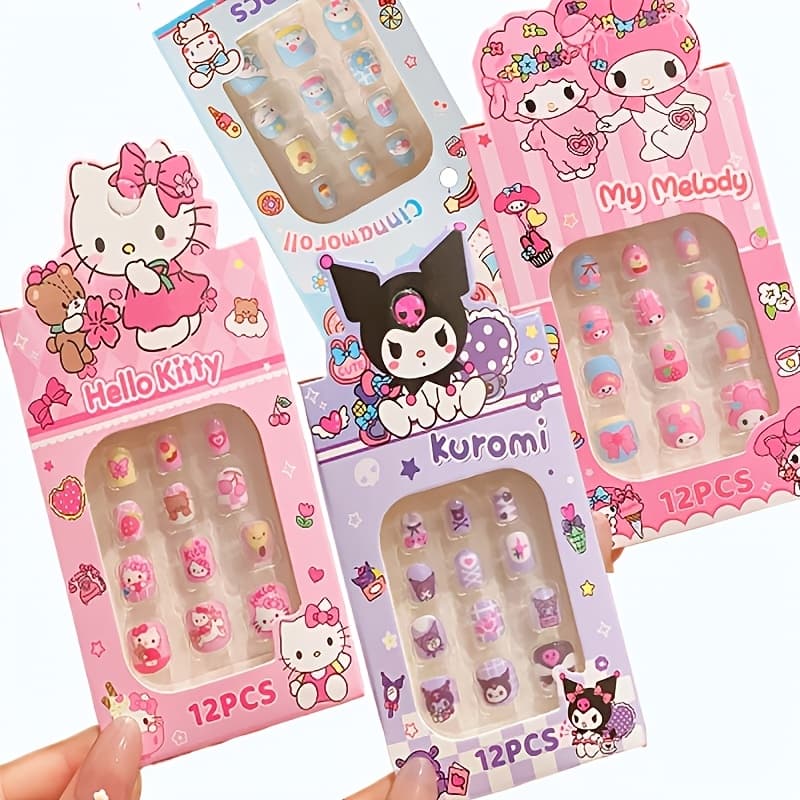 TEMU /set Hello Kitty Kuromi Melody Cinnamoroll Press-on Nail Set, Full Coverage Short Square Oval Fake Nail Tips, 12pcs/box * = 48 Nail Tips