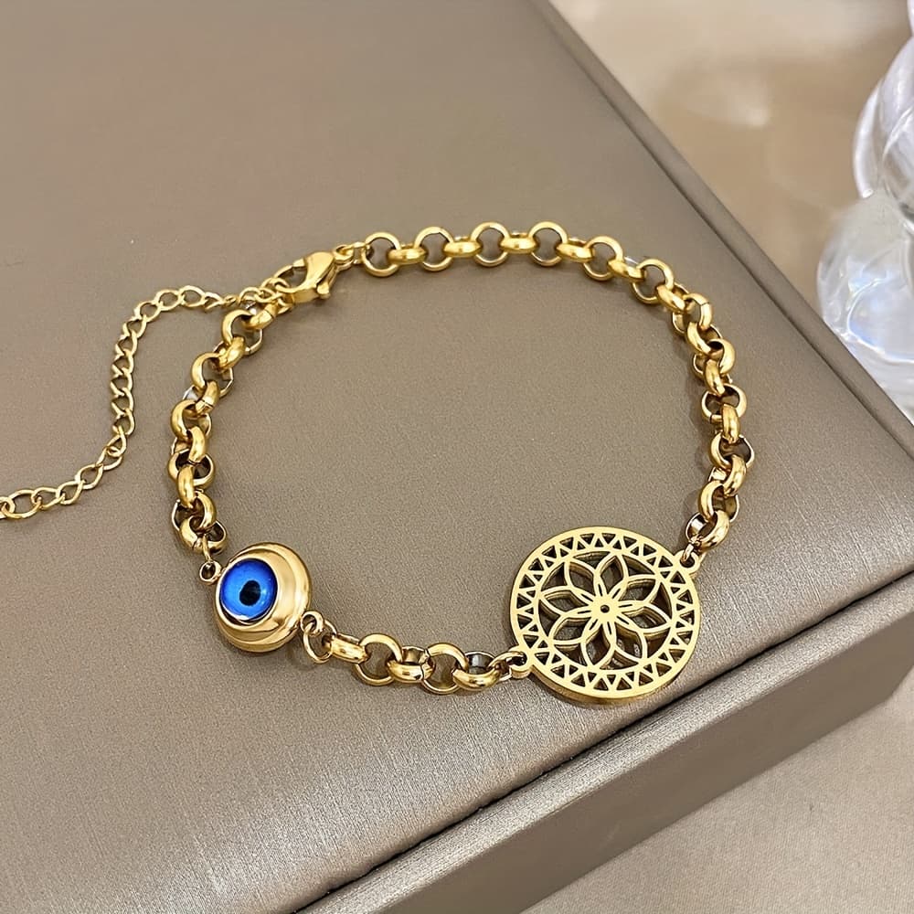 TEMU Chic Golden-tone Stainless Steel Bracelet With Evil Eye & Flower Of - Waterproof Fashion Jewelry For Women, Chain Wrist, Perfect For Winter, New Year