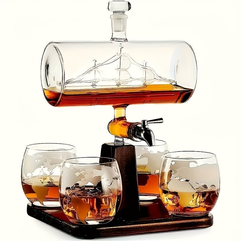 TEMU Set Featuring A 44oz/1300ml Cylindrical , 4 350ml/11.84oz Glass Cups, And A Wooden Base, Perfect For Home Kitchen Decor And As Gifts For Birthdays And Christmas For Men And Women.