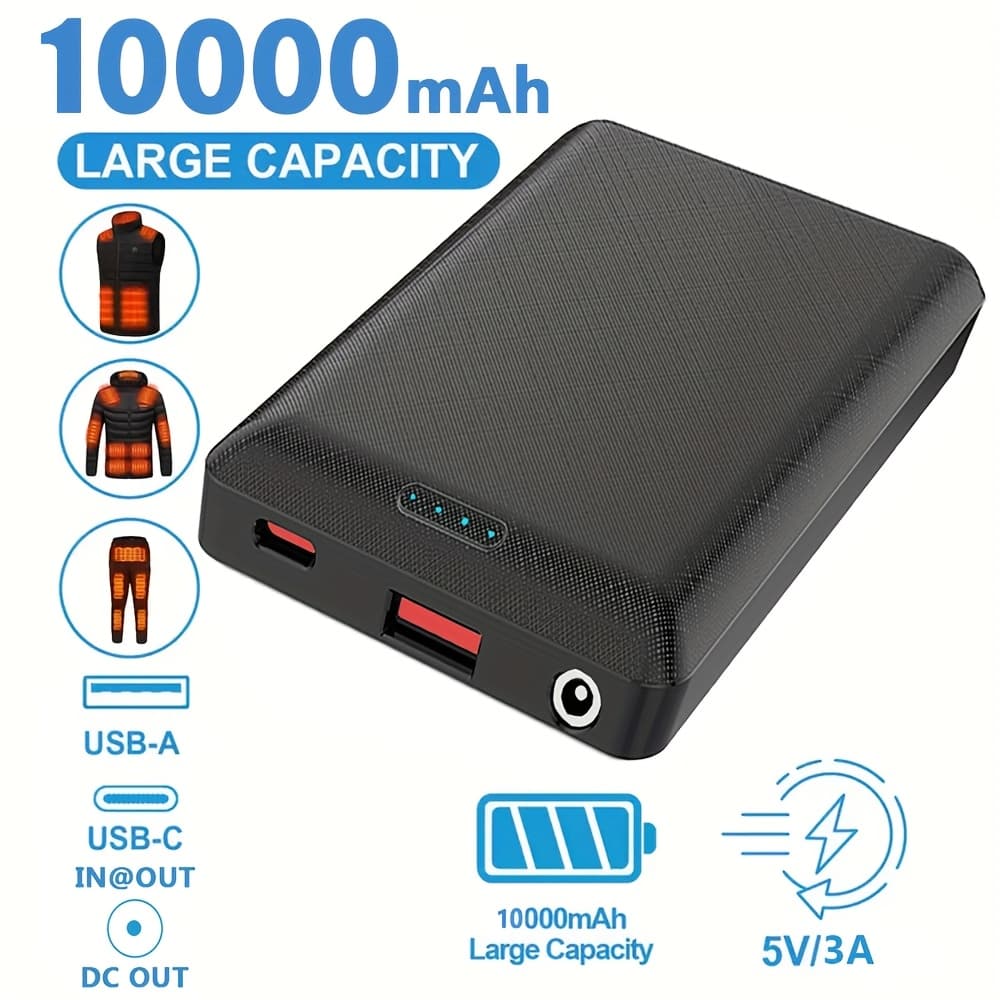 TEMU Portable 10000mah Power Bank With Dc5v 3a Usb And Type C Outputs, Designed For Charging External Devices Like Heating Vests, Jackets, Scarves, And Gloves