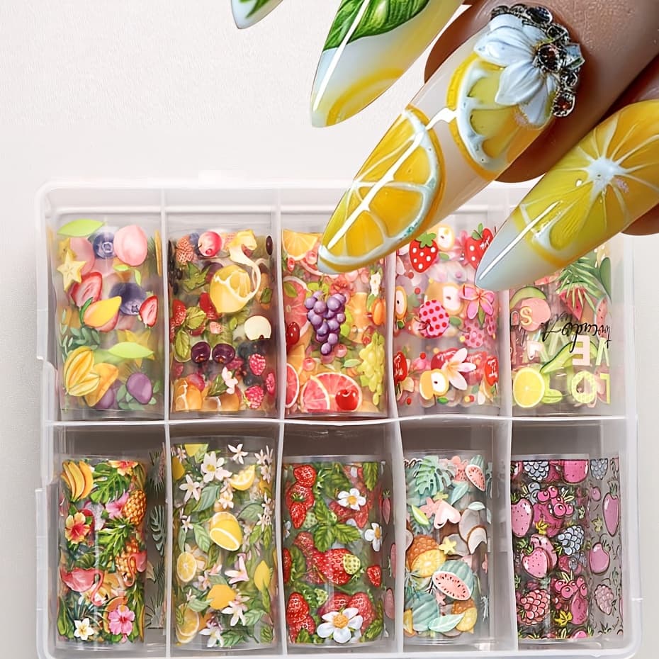 TEMU 10 Rolls/box Summer Themed Fruit Pattern Nail Transfer Stickers, Holographic Foil Slide Decals For Nail Art, Diy Nail Art Accessories Tools