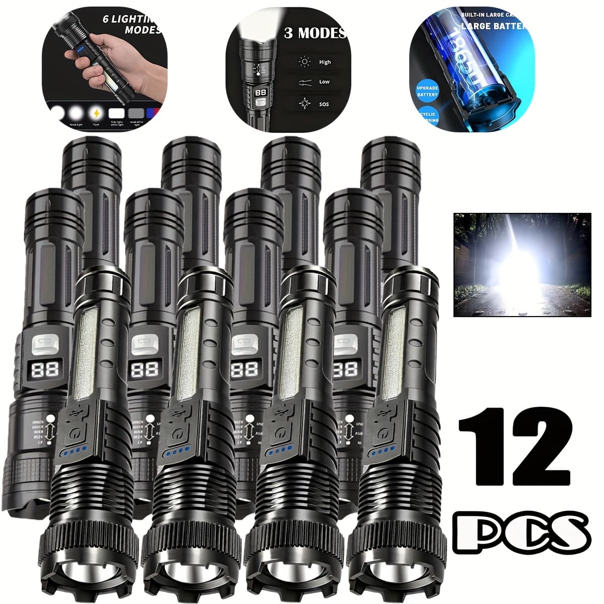 TEMU 12-pack Led Tactical Flashlights - 6/3 Lighting , Suitable For Camping And , Adjustable Zoom, Built-in 18650 Battery, Long , Usb Rechargeable, Cob Side Light, Suitable For Hiking And Emergencies