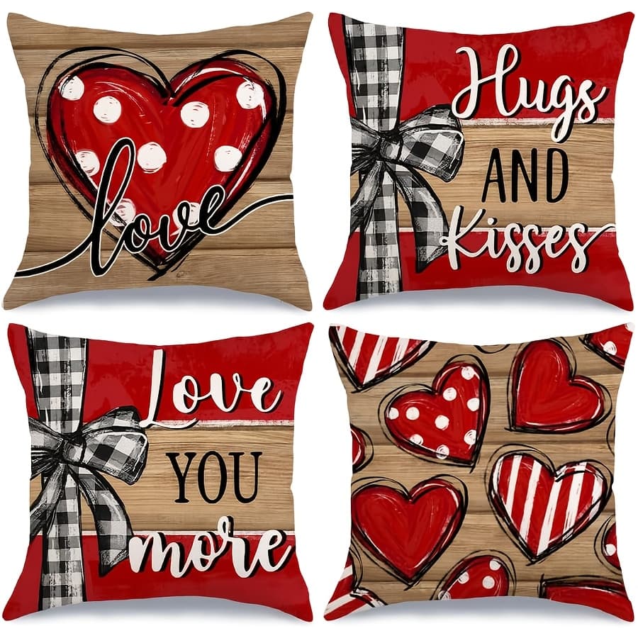 TEMU Set Of 4, Decorative Throw Pillow Covers For Valentine's Day Featuring Red Hearts And Stripes, Perfect For A To Your For Home Or For A Wedding