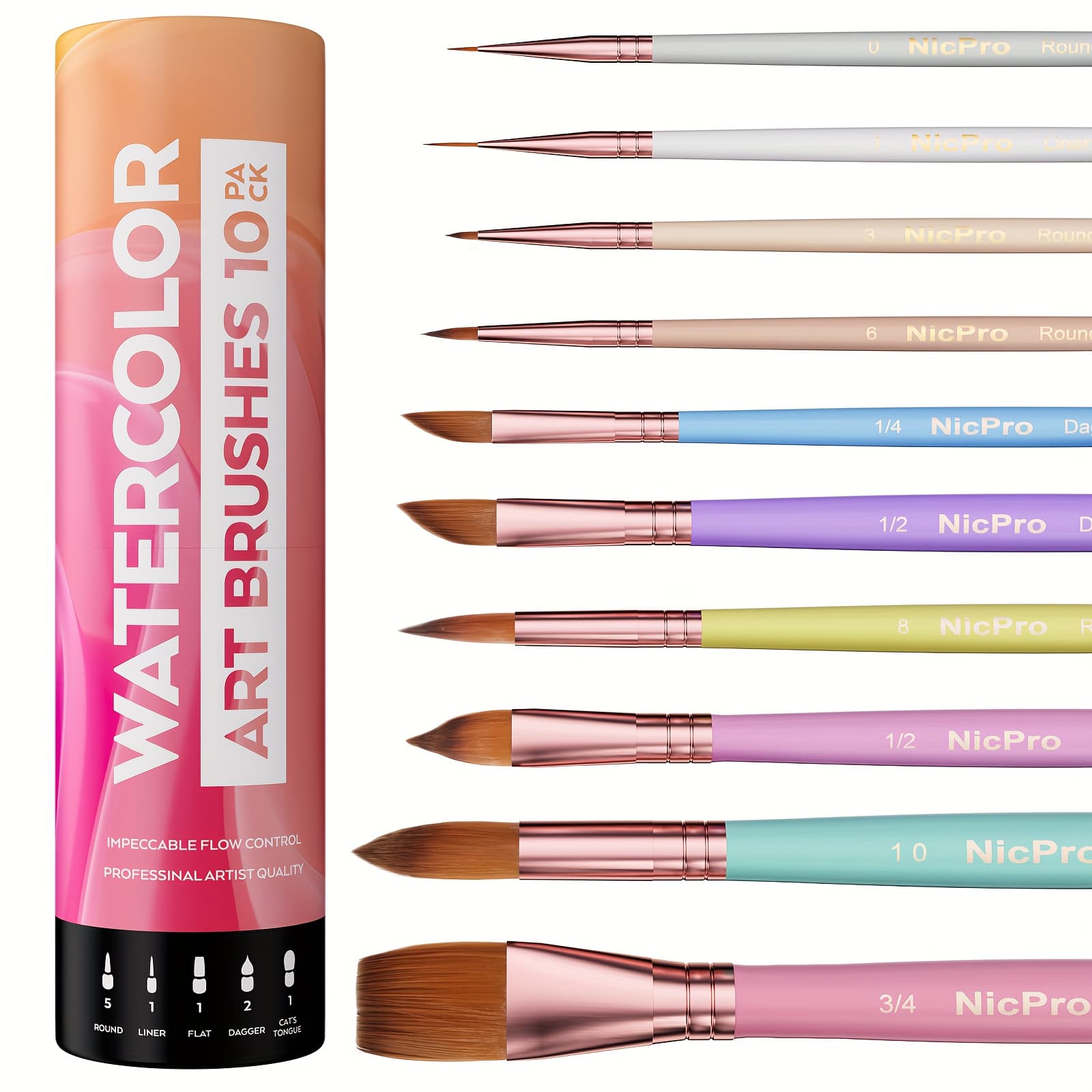 TEMU 11pcs Pastel Watercolor Brushes Set With Holder, Professional Water Color Paint Brush, Round, , Liner, Wash For Artists, Adult, Beginners, Watercolor, Inks, Gouache