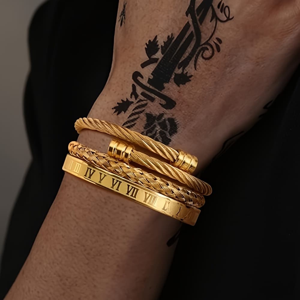 TEMU 3pcs Of Retro Classic Fashion 304 304 Stainless Steel Open Roman Pattern, Woven Bangle Bangle Bracelet Set Is Suitable For Daily Wear,