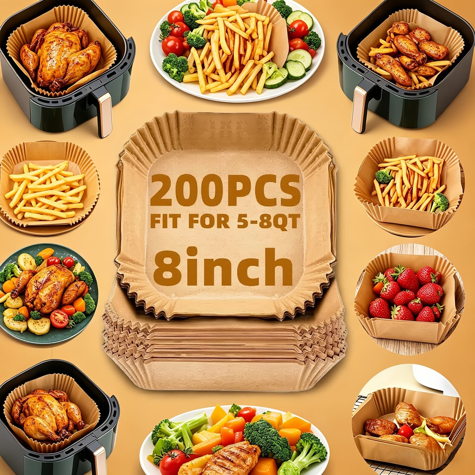 TEMU 200pcs Heavy-duty Square Baking Paper 8 Inch Waterproof Oil-proof Parchment Liners For Air Fryer Oven