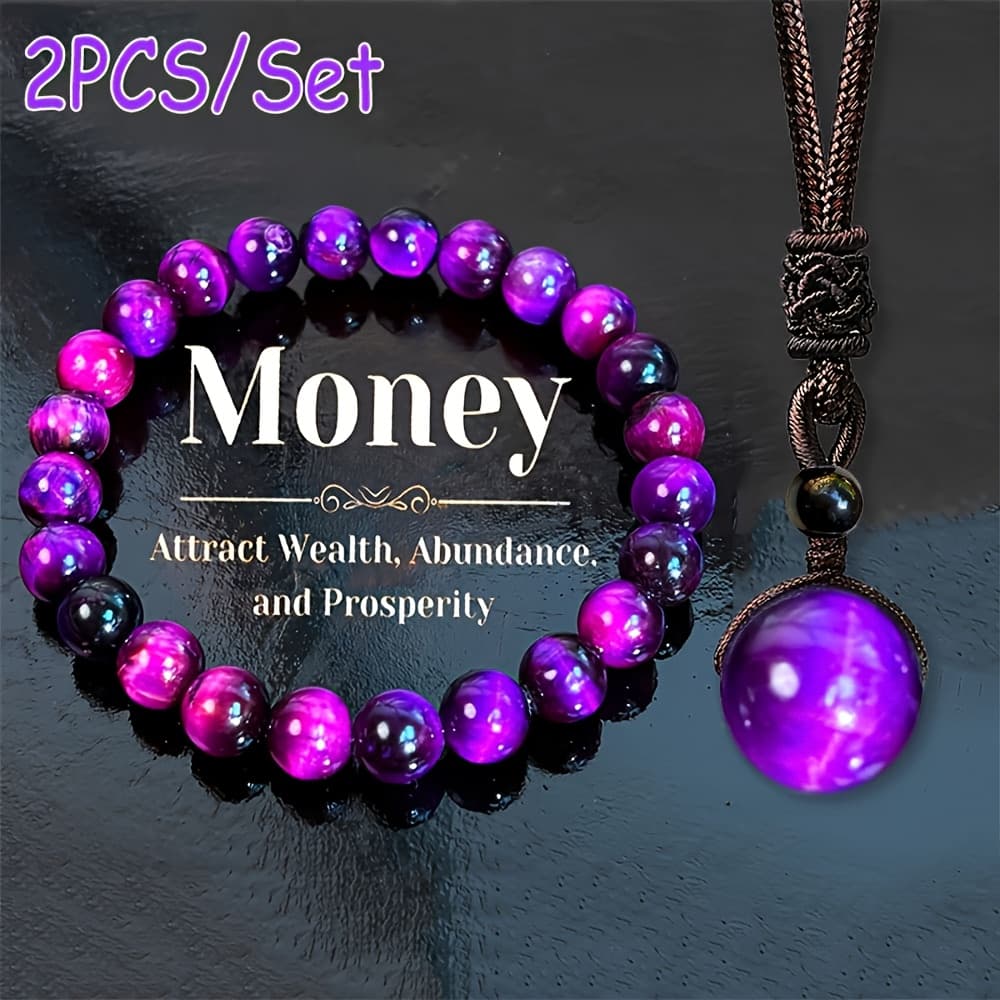 TEMU 2pcs/purple Natural Tiger Eye Stone Bracelet And Necklace Set For Men And Women To To Wealth And , The Best Gift For Family