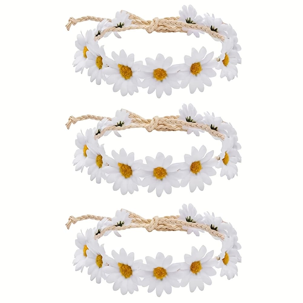 TEMU 3pcs Daisy Headband Sunflower Garland Bohemian Sunflower Crown Hippie Daisy Wreath Adjustable Bridal Headpiece For Photo Props (white)