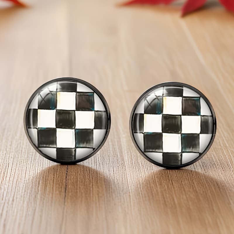 TEMU 1 Pair Chessboard Black Stud Earring Round Glass Cabochon Earrings Handmade Jewelry