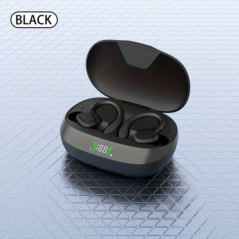 TEMU Open-ear Wireless Earbuds 5.4, Wireless Sports Earphones With Built-in Microphone, Featuring Ear Hooks, 24 Hours Of Time, Led Display Charging Case, Suitable For Running And Fitness, In Black