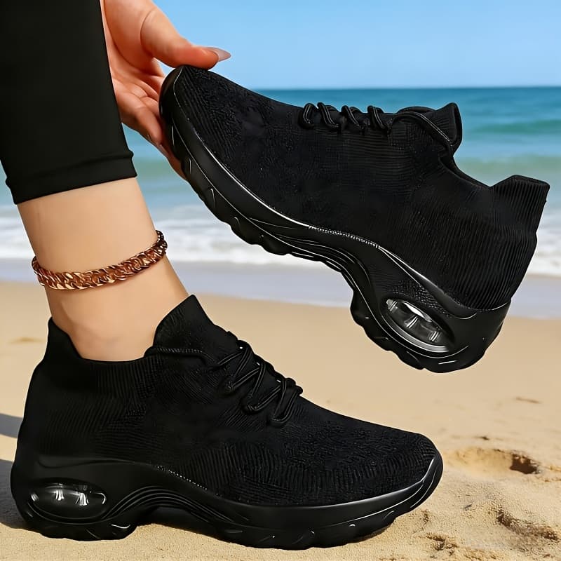 TEMU Women'-cushioned Shock-absorbing Knitted Sneakers, Lightweight And Breathable Slip-on Casual Shoes, Thick-soled Height-increasing Rocker Shoes, Women's Shoes On, Women' In Local