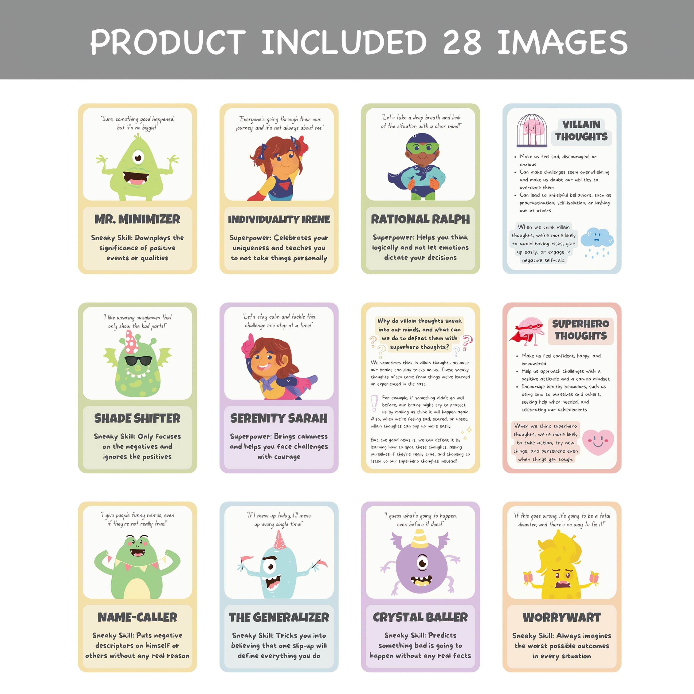 TEMU 28 Superhero Vs Villain Cards For Kids | 2.75 X 3.9 Inch, , Negative Thinking Traps, Coping Skills, Emotional Regulation, Mindfulness, Relief, Techniques