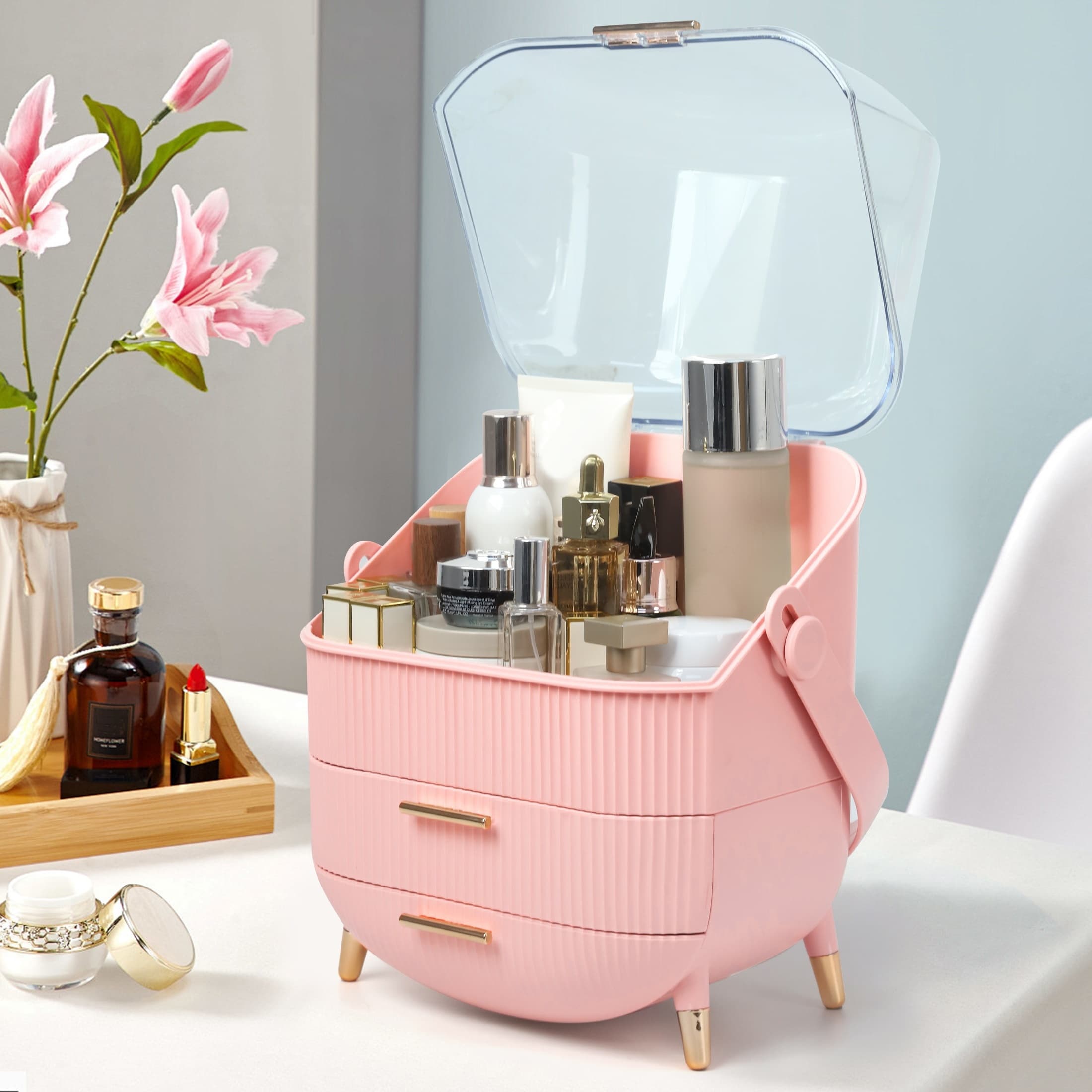 TEMU Makeup Storage Organizer, Cosmetics Skincare Organizers With Transparent Lid, Vanity Cosmetics Storage, Ideal Gifts For Women Or Girls, Pink
