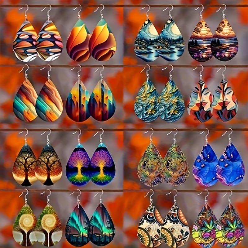 TEMU 16 Pairs Of Mixed Pattern Water Pattern Double Layer Bohemian Creative Popular Simple Temperament Color Pattern Water Drop Earrings, Female