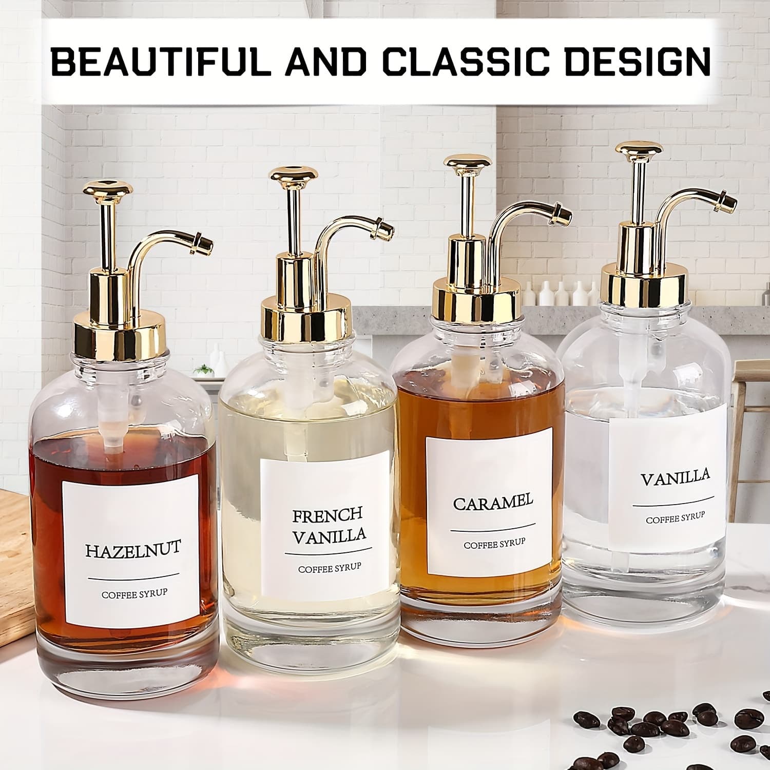TEMU Coffee Dispenser Kit: Set Of 4 Glass Bottles With Golden Pump And Labels - Accurate Pouring And Chic Addition To , Bistro, Or Home