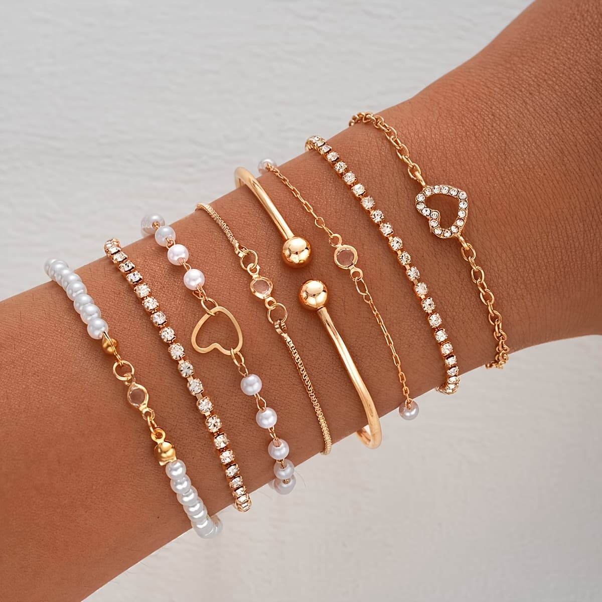 TEMU 8pcs Stylish Elegant Heart Open Bracelet Set, Multi-beaded Jewelry For S - Perfect For Daily Wear And Party Outfits