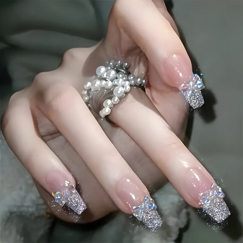 TEMU 24pcs Set Of Handmade Glossy Long Coffin Press-on Nails - Pink French Style With Sparkling Rhinestones, Reusable Fake Nails For Women And