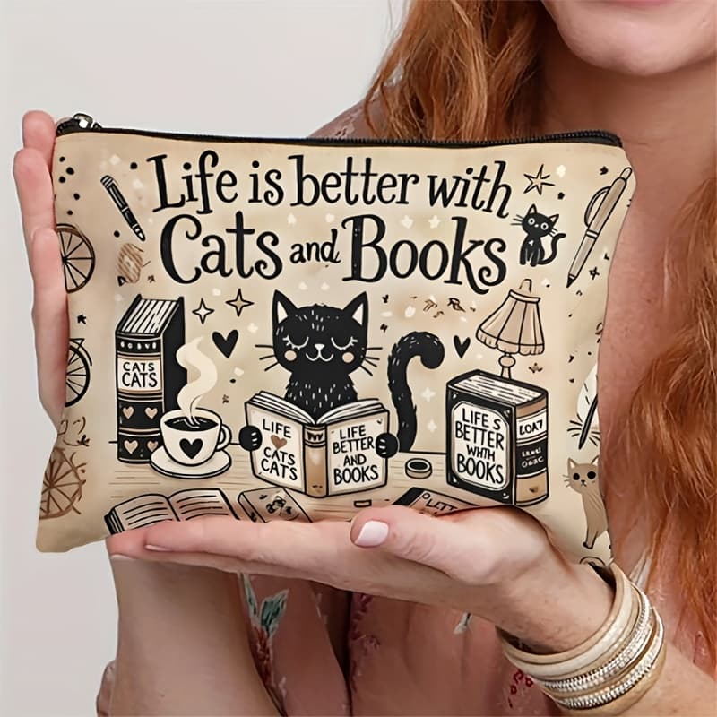 TEMU A Makeup Bag Featuring A Cat And A Book Lover - " With " Double-sided Print, A Lightweight Zippered Cosmetic Pouch, For Mom, Sisters, Or
