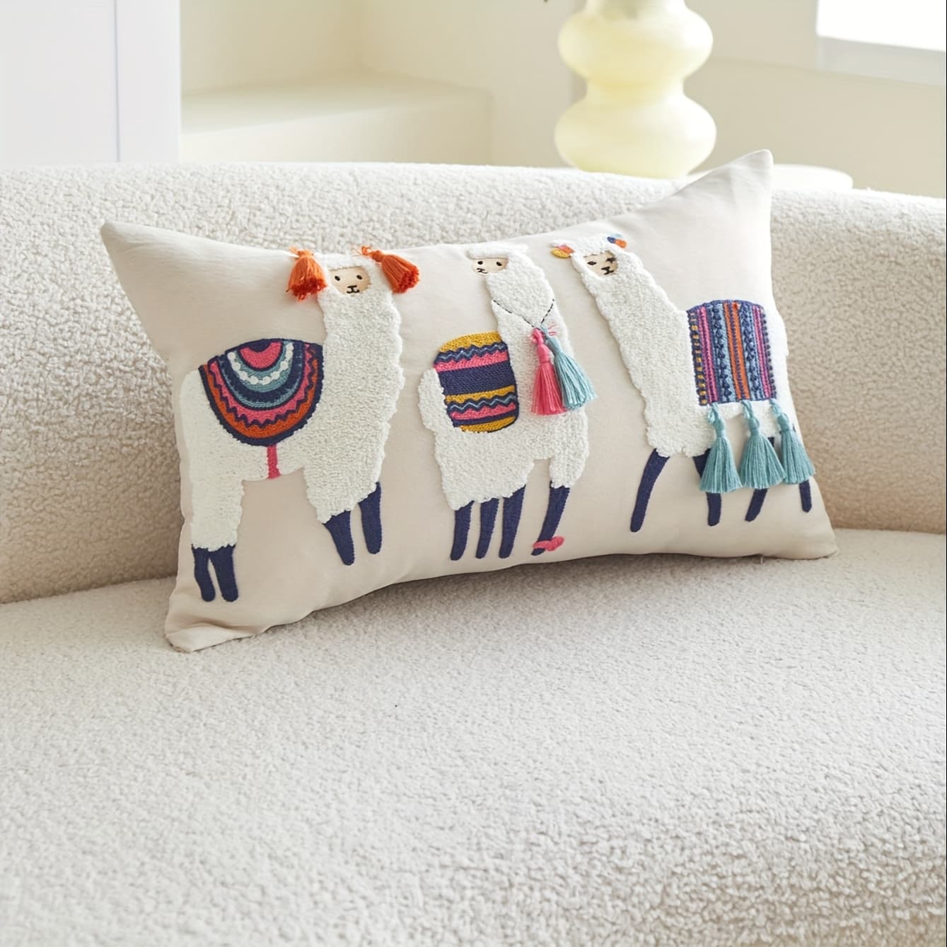 TEMU 1pc Moroccan Style Handmade Tassel Sheep 3d Embroidered Pillowcase For All , Commuting, Eid , Suitable For Living Room, Bedroom, Sofa, And Parties