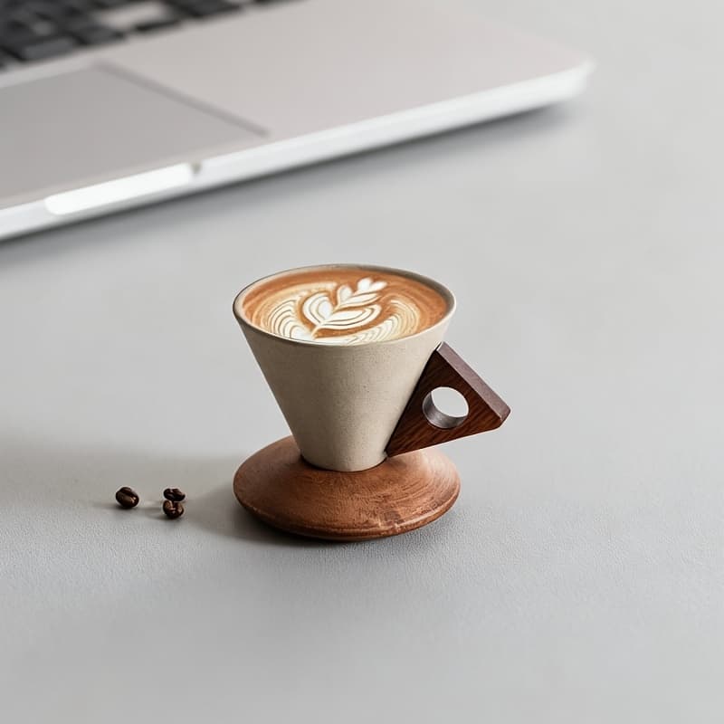 TEMU 1 8.45oz Thick Ceramic Handmade Coffee Mug With Large Spout, Funnel Shape And Handle And Wooden Coaster, Suitable For High-end Home Office Cafes, Used As A Gift