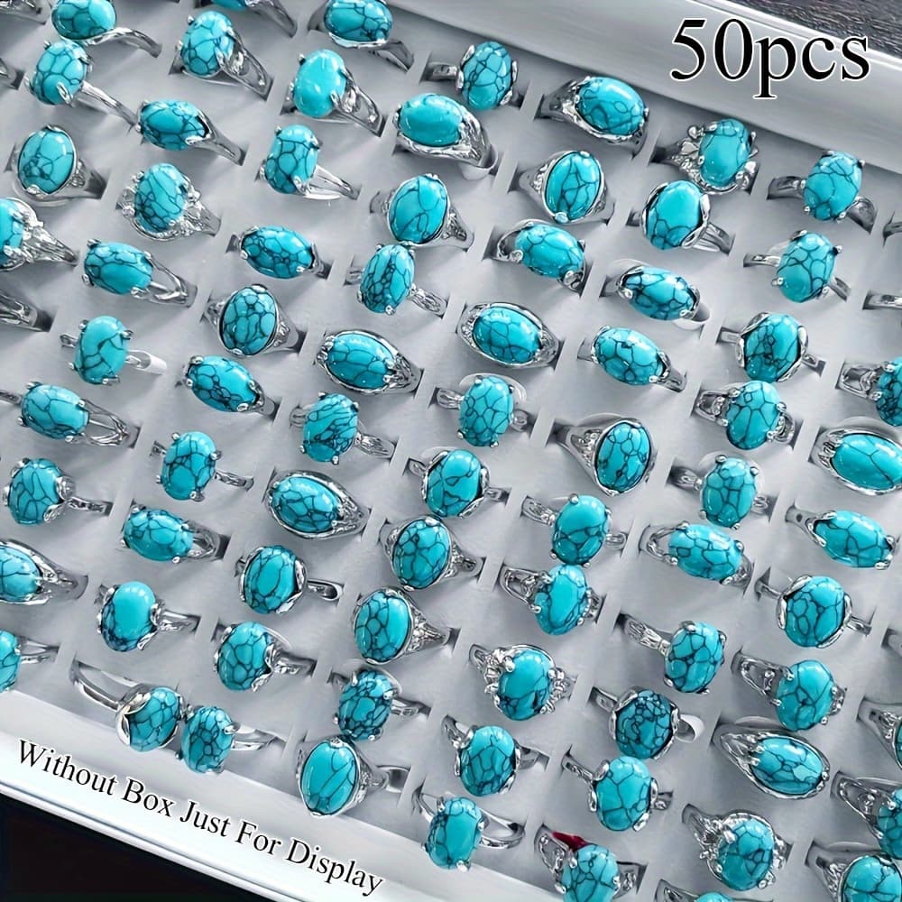 TEMU 50/100pcs Natural Stone Ring, Light Blue Turquoise Rings Oval Shaped Ring, Men Women Promise Ring For Daily Outfits And Banquet Unisex Knuckle Stacking Jewelry Accessory (size 16mm-20mm Random)