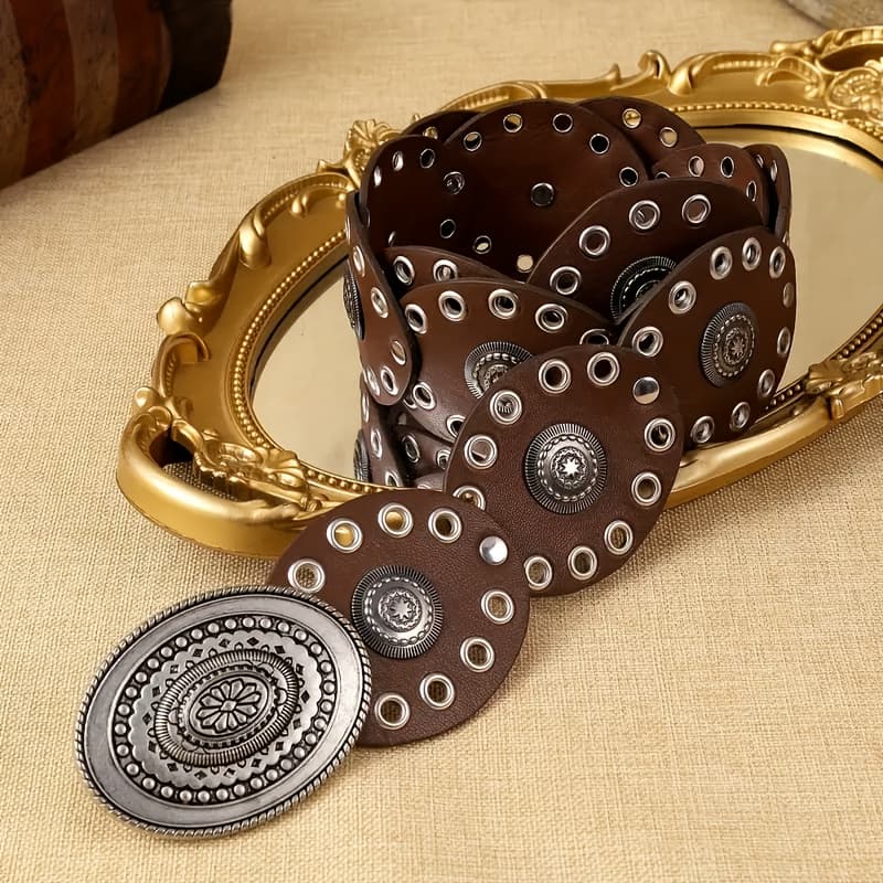 TEMU A Retro-style Women's Faux Leather Belt With An Oval Decorative - Sturdy Snap Closure, Non- Material, Lightweight Design, Suitable For Casual, Dinner, And Festive Occasions - Hand Washable